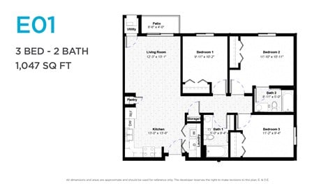 Floor plan for 3 beds, 2 baths, 1047 sqft